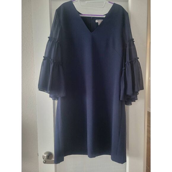 Women's Chelsea28 Dress Navy Blue Sheer Arms Short Knee Length Size 16 - Picture 1 of 9